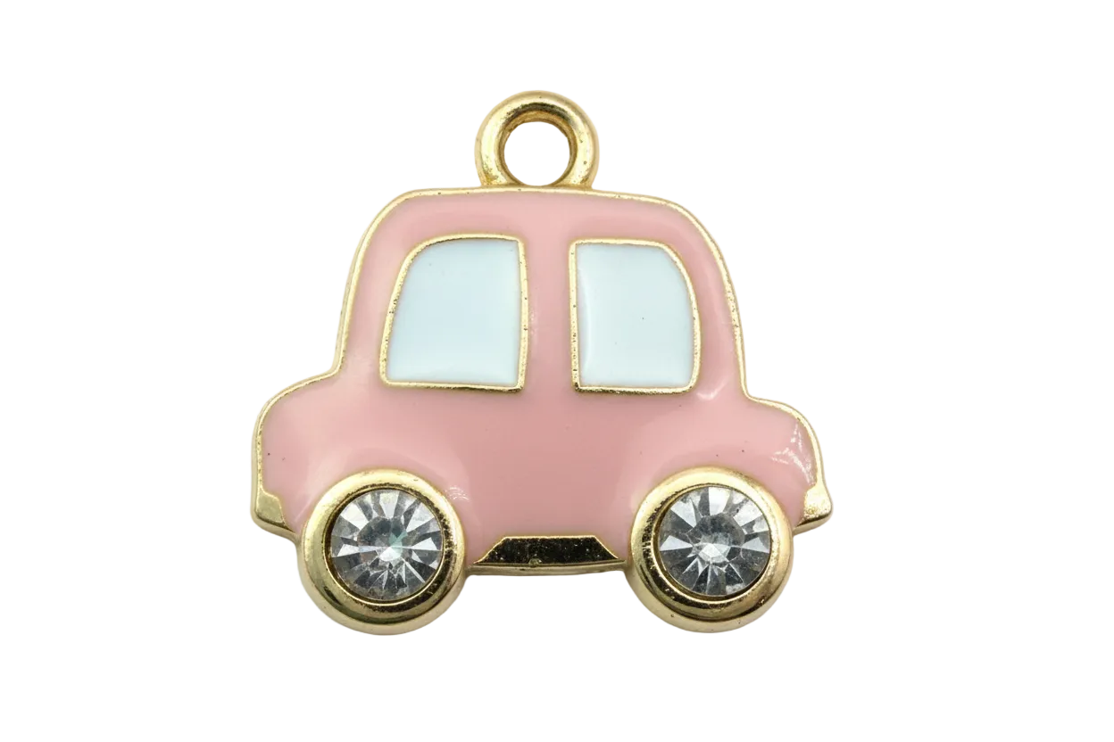 Blush pink enamel car with white windows, gold outline, and clear gem wheels