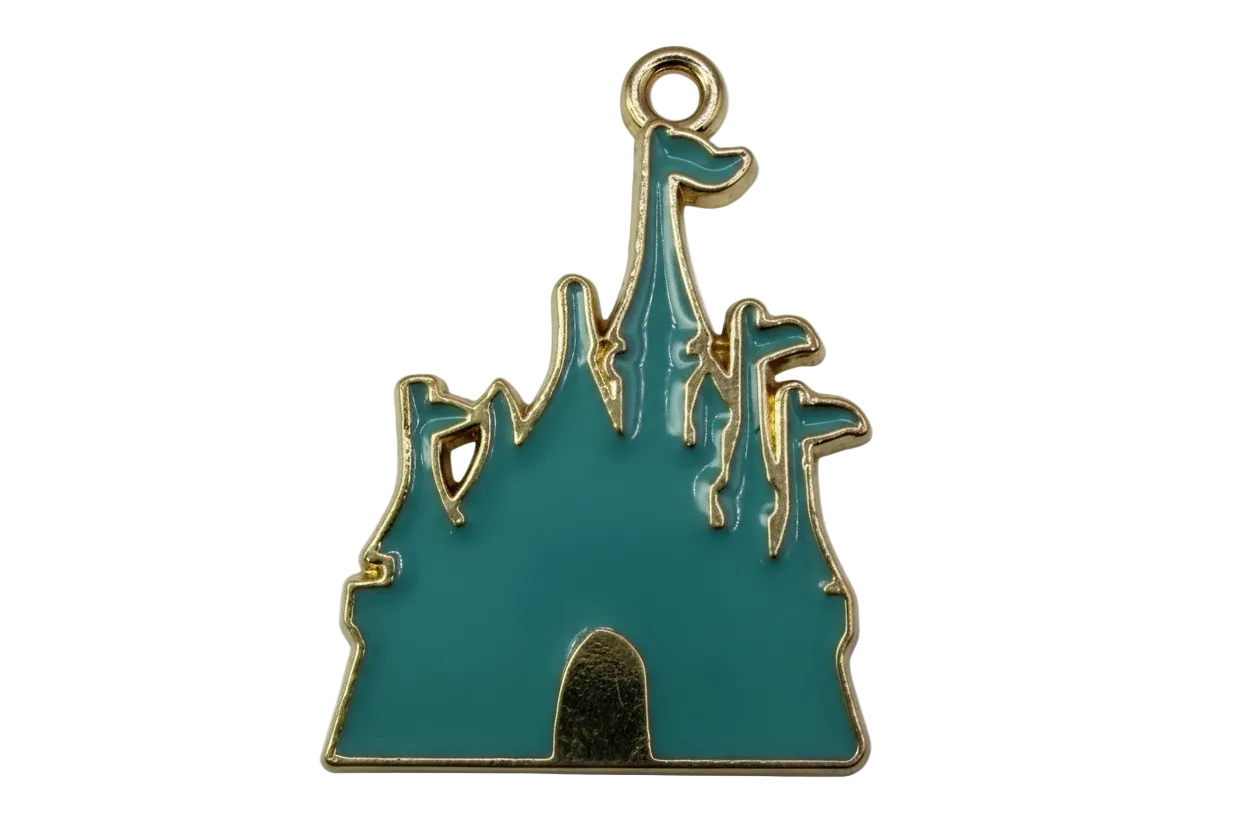 Teal enamel fairytale castle silhouette with polished gold outline