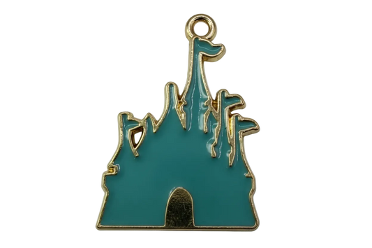 Teal enamel fairytale castle silhouette with polished gold outline