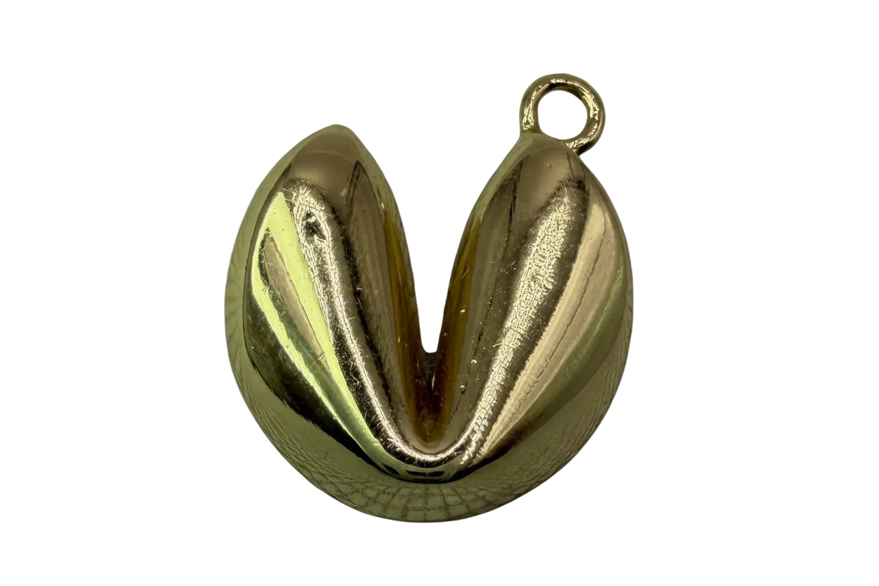 High-polish gold fortune cookie with sculpted folded opening and rounded shape