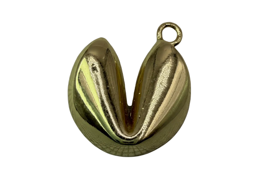 High-polish gold fortune cookie with sculpted folded opening and rounded shape