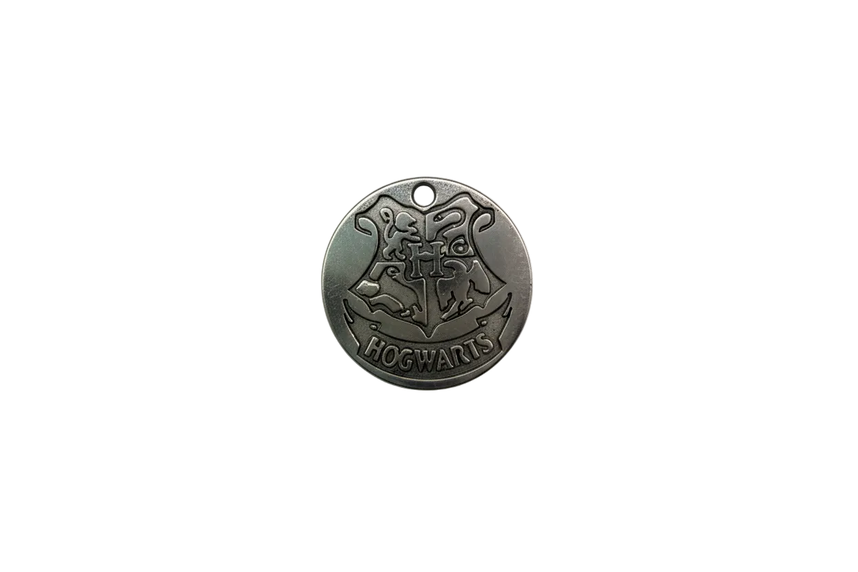 Antique-silver school crest medallion with banner engraving