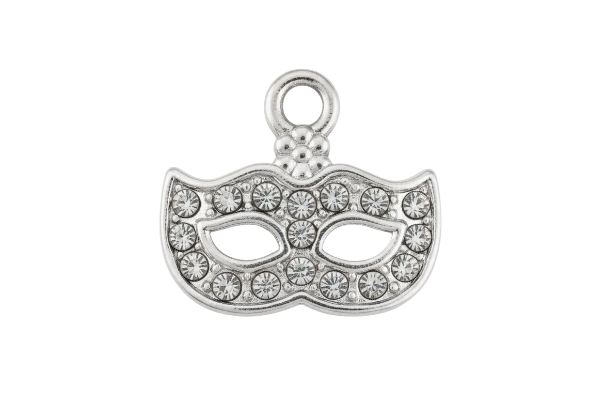 Silver masquerade mask pendant with clear crystal pavé and dark marbled eye insets