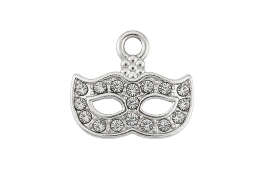 Silver masquerade mask pendant with clear crystal pavé and dark marbled eye insets