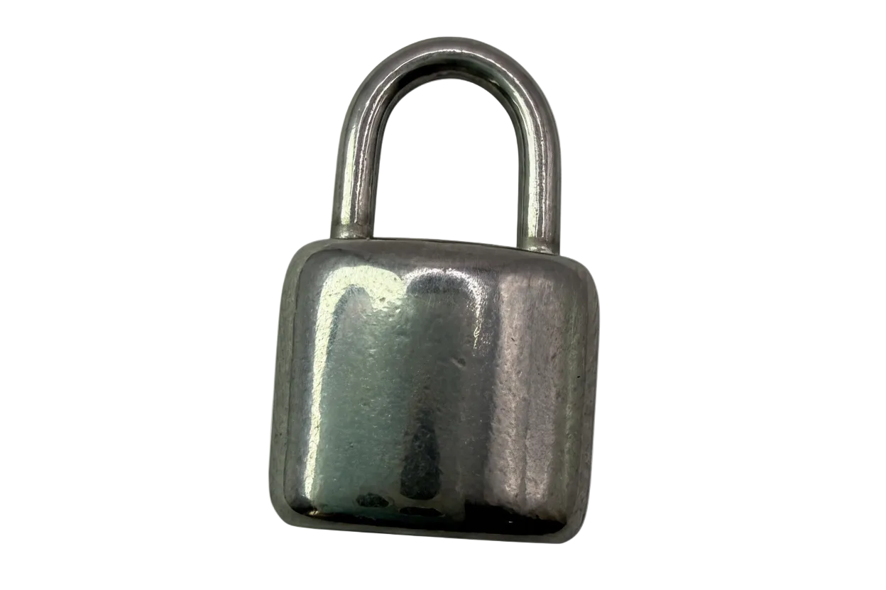 Polished silver padlock charm with smooth, reflective finish