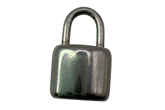 Polished silver padlock charm with smooth, reflective finish