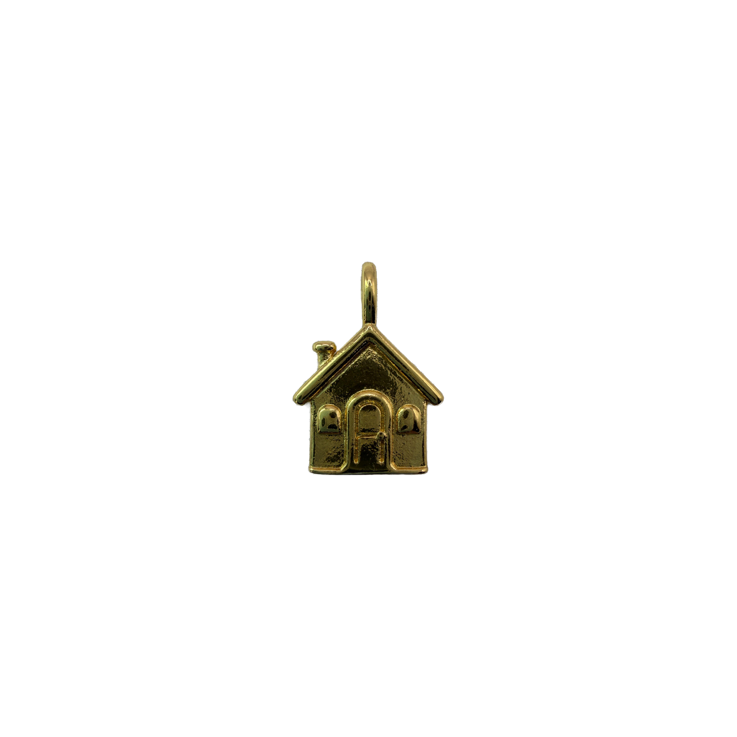 Gold house with arched door, chimney, and two windows