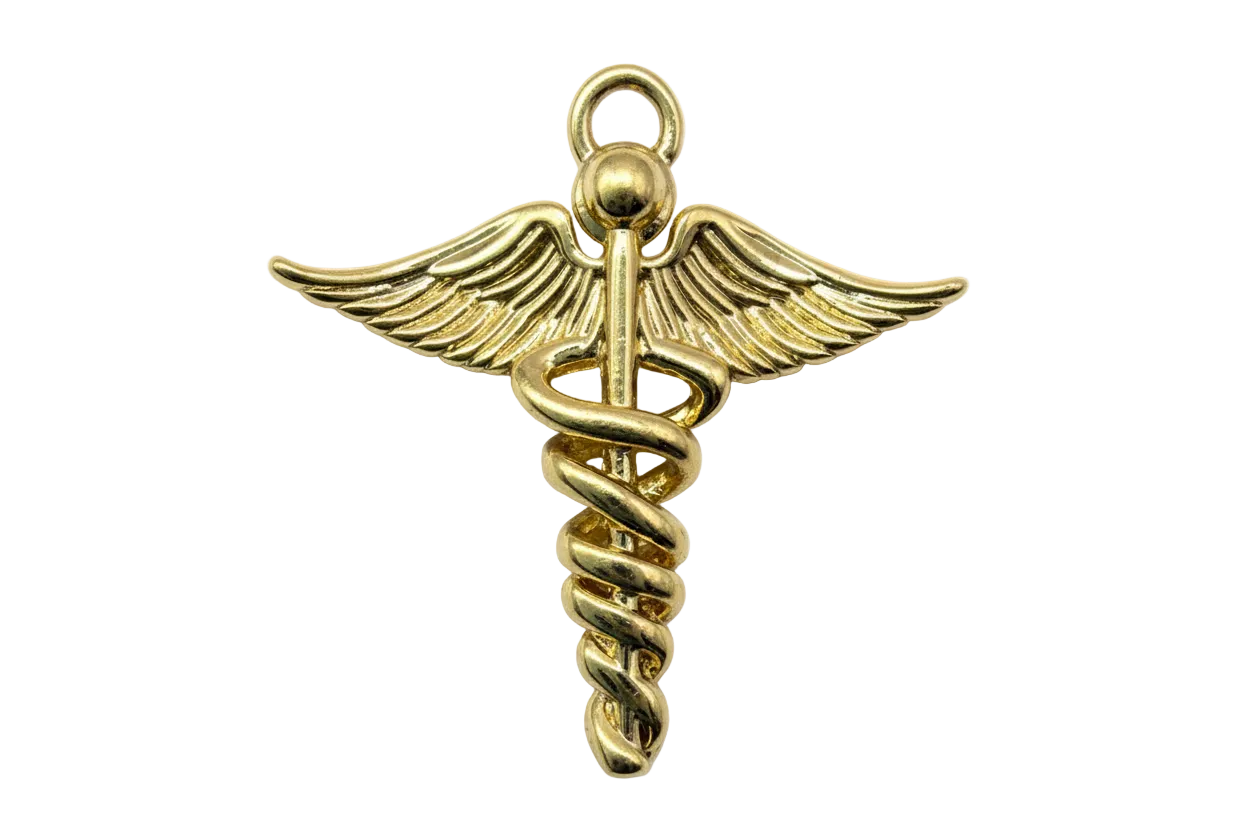 Polished gold winged medical staff symbol with coiled serpent