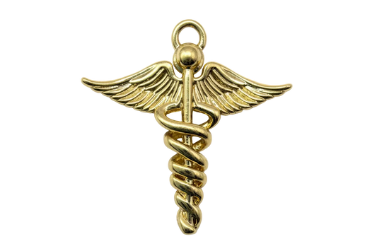 Polished gold winged medical staff symbol with coiled serpent