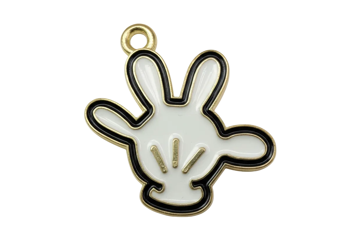 White cartoon glove hand with black outline and gold edge, glossy finish
