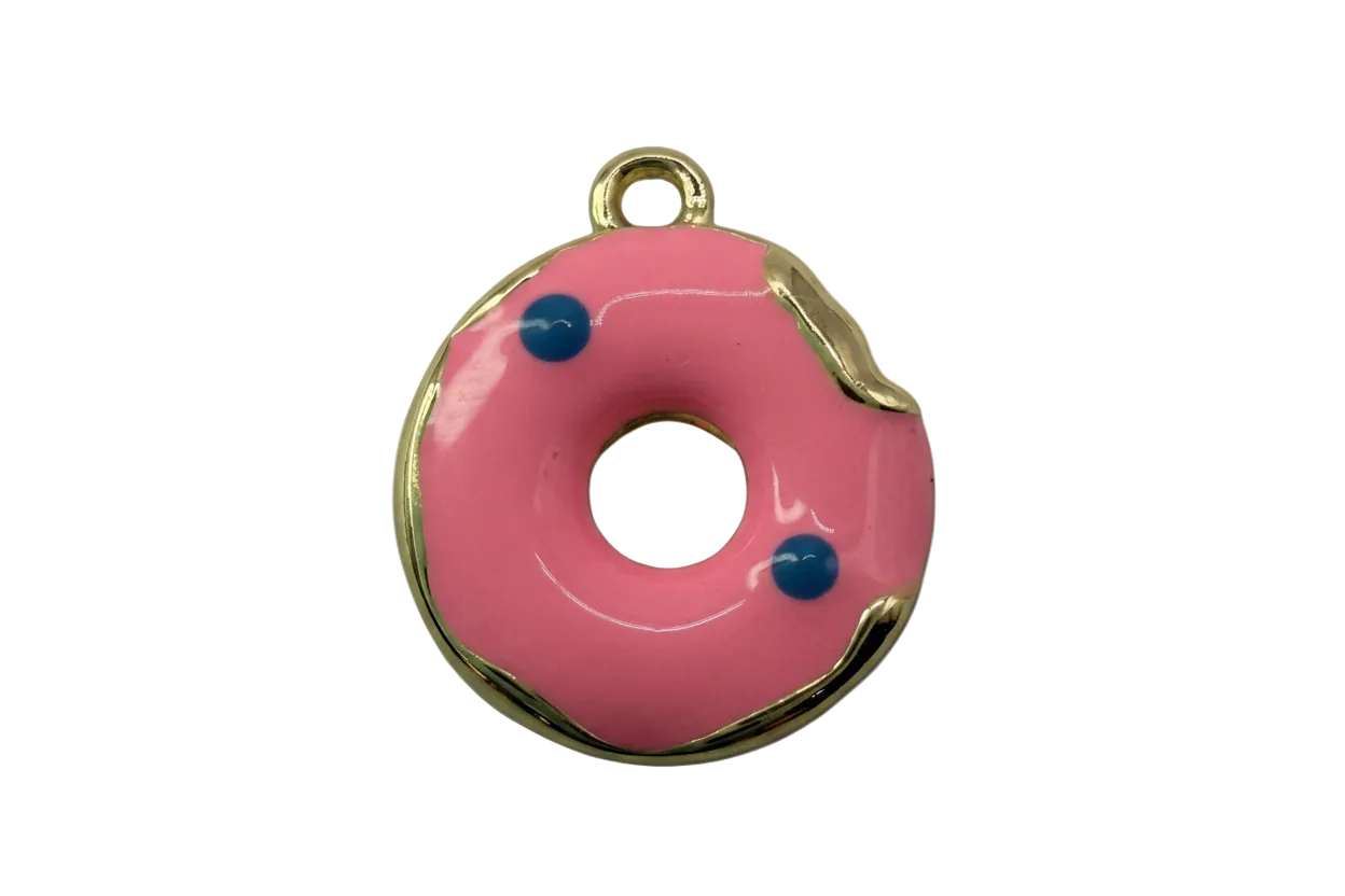 Pink iced donut charm with gold edge and two blue sprinkle dots