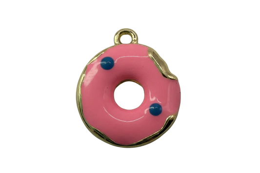 Pink iced donut charm with gold edge and two blue sprinkle dots