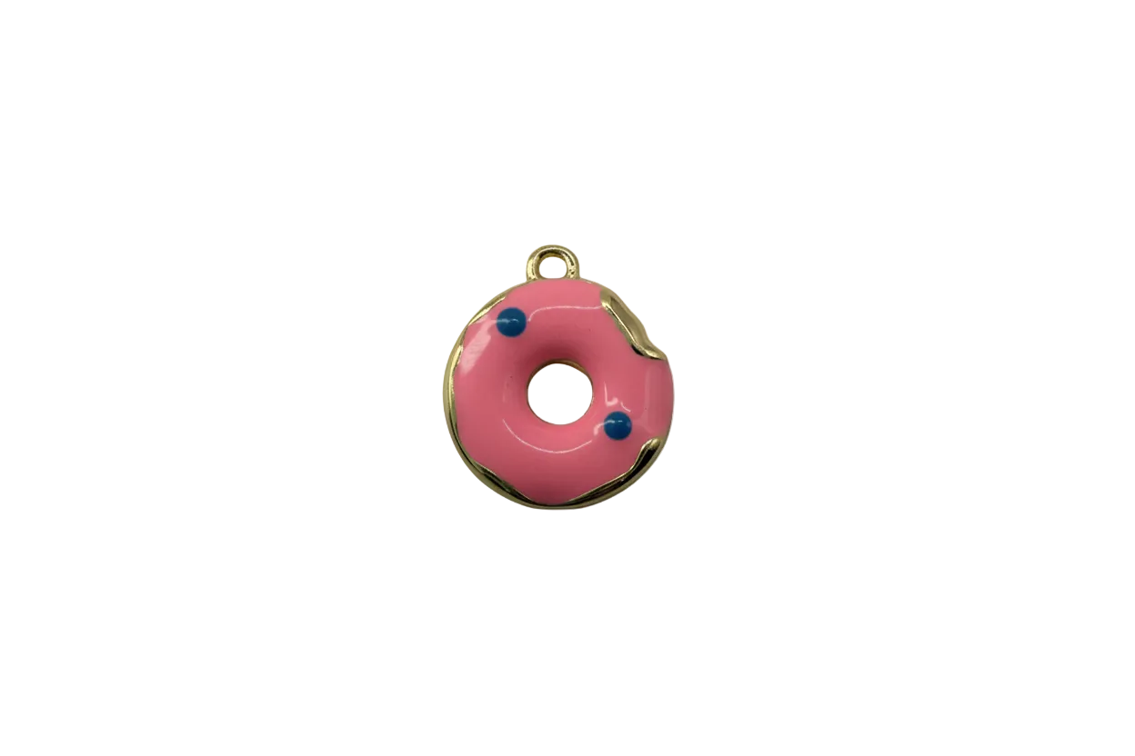 Pink iced donut charm, gold edge, blue sprinkles