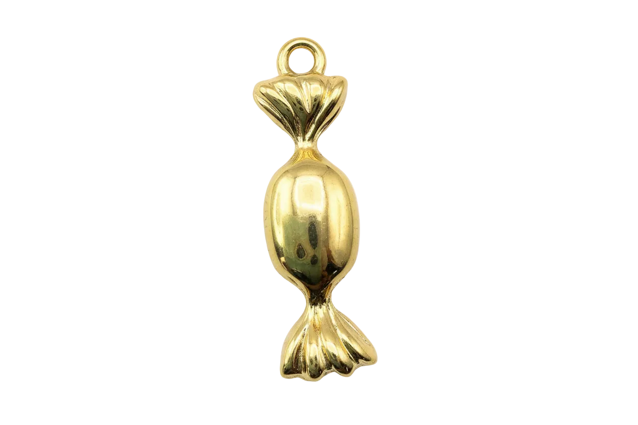 Polished gold wrapped candy charm with sculpted twist ends