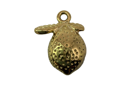 Glossy gold strawberry fruit charm with raised seed texture and leaf cap