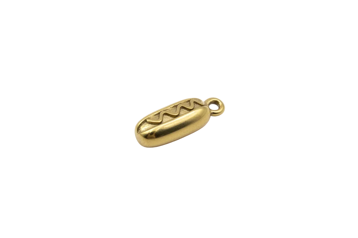 Gold hot dog pendant with mustard swirl detail