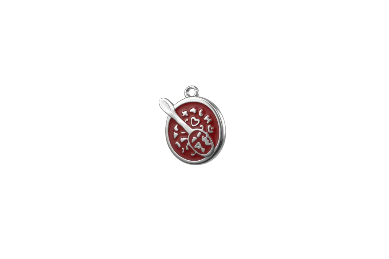 Red enamel soup bowl with spoon, silver-tone details