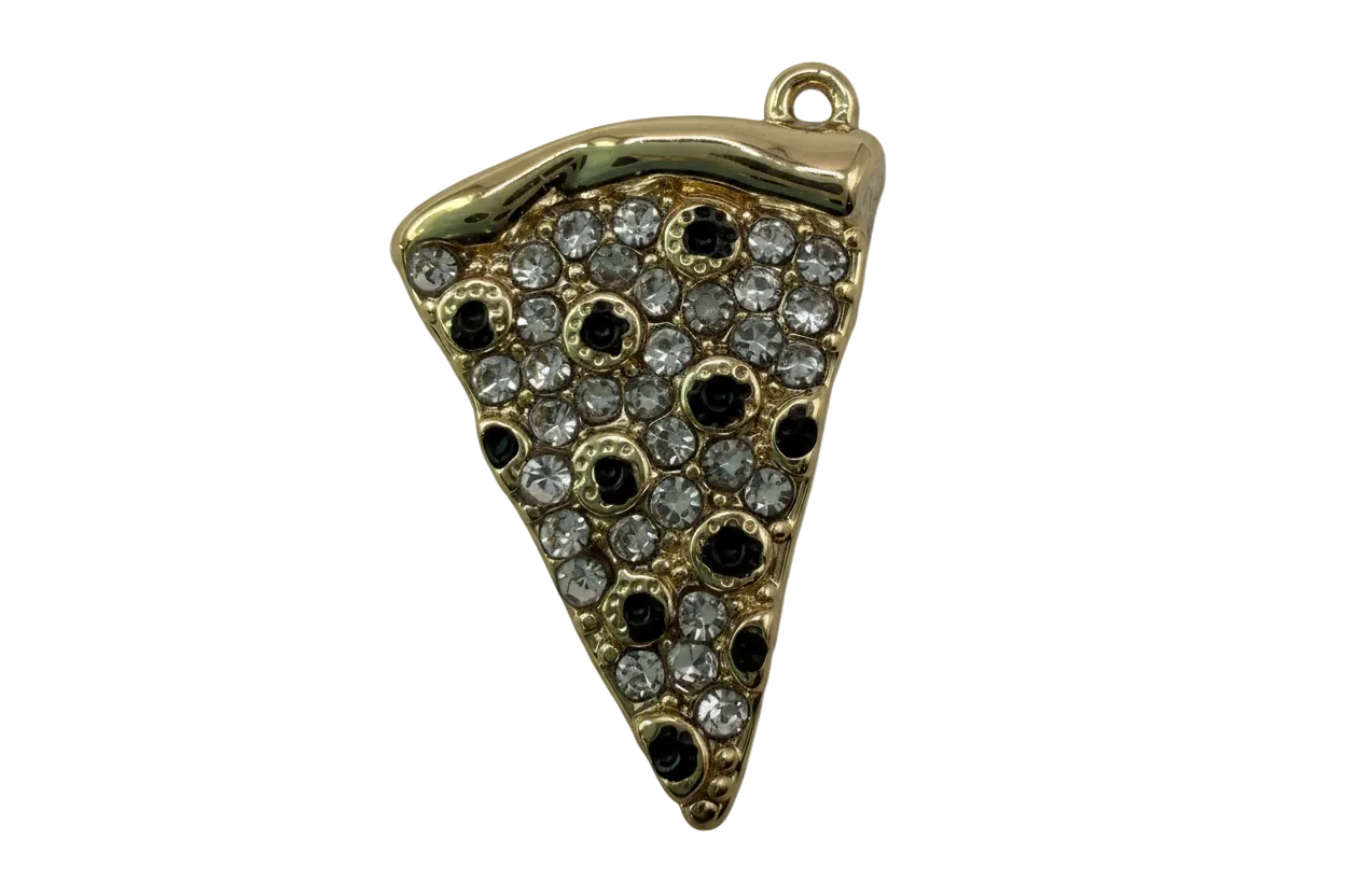 Gold pizza slice charm with pavé clear crystals and black stone accents