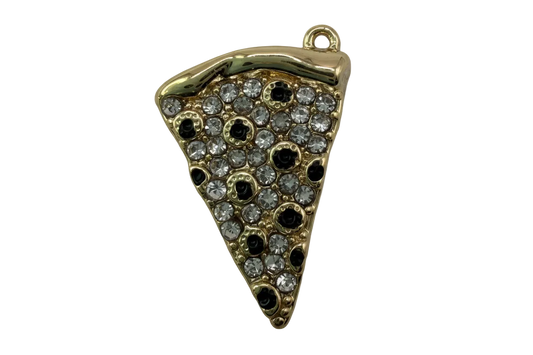 Gold pizza slice charm with pavé clear crystals and black stone accents