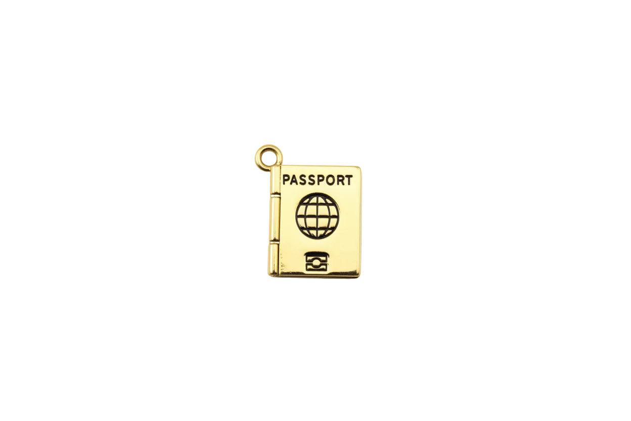 Gold passport book with black globe emblem
