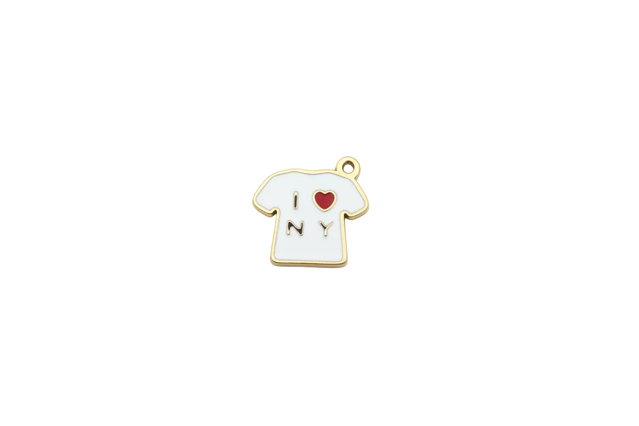 White enamel T-shirt with gold outline and red heart detail
