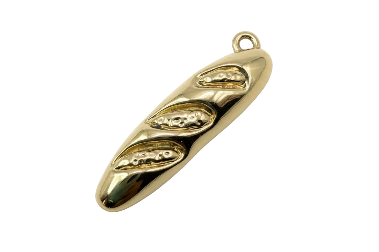 High-polish gold baguette loaf charm with three scored slashes