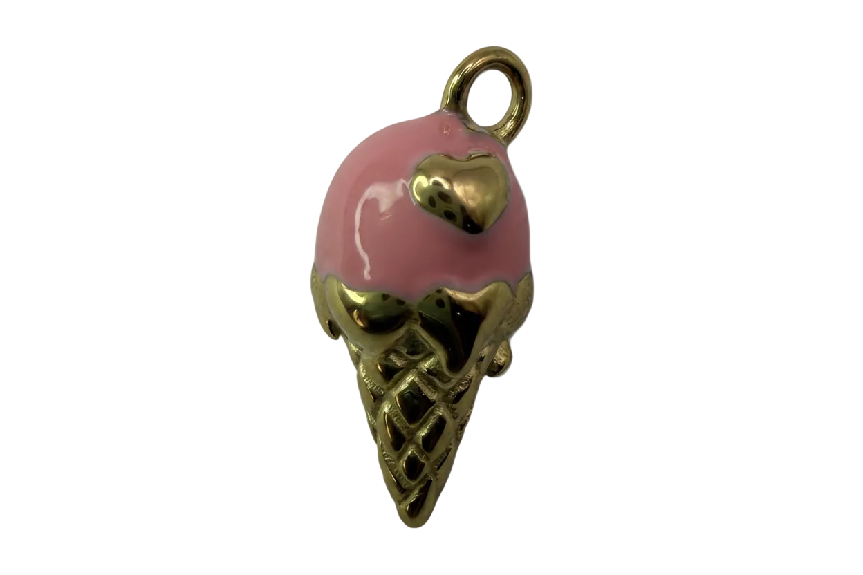 Pink enamel ice cream cone with gold waffle cone and heart detail