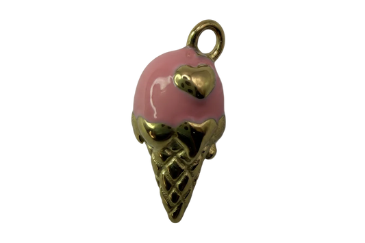 Pink enamel ice cream cone with gold waffle cone and heart detail