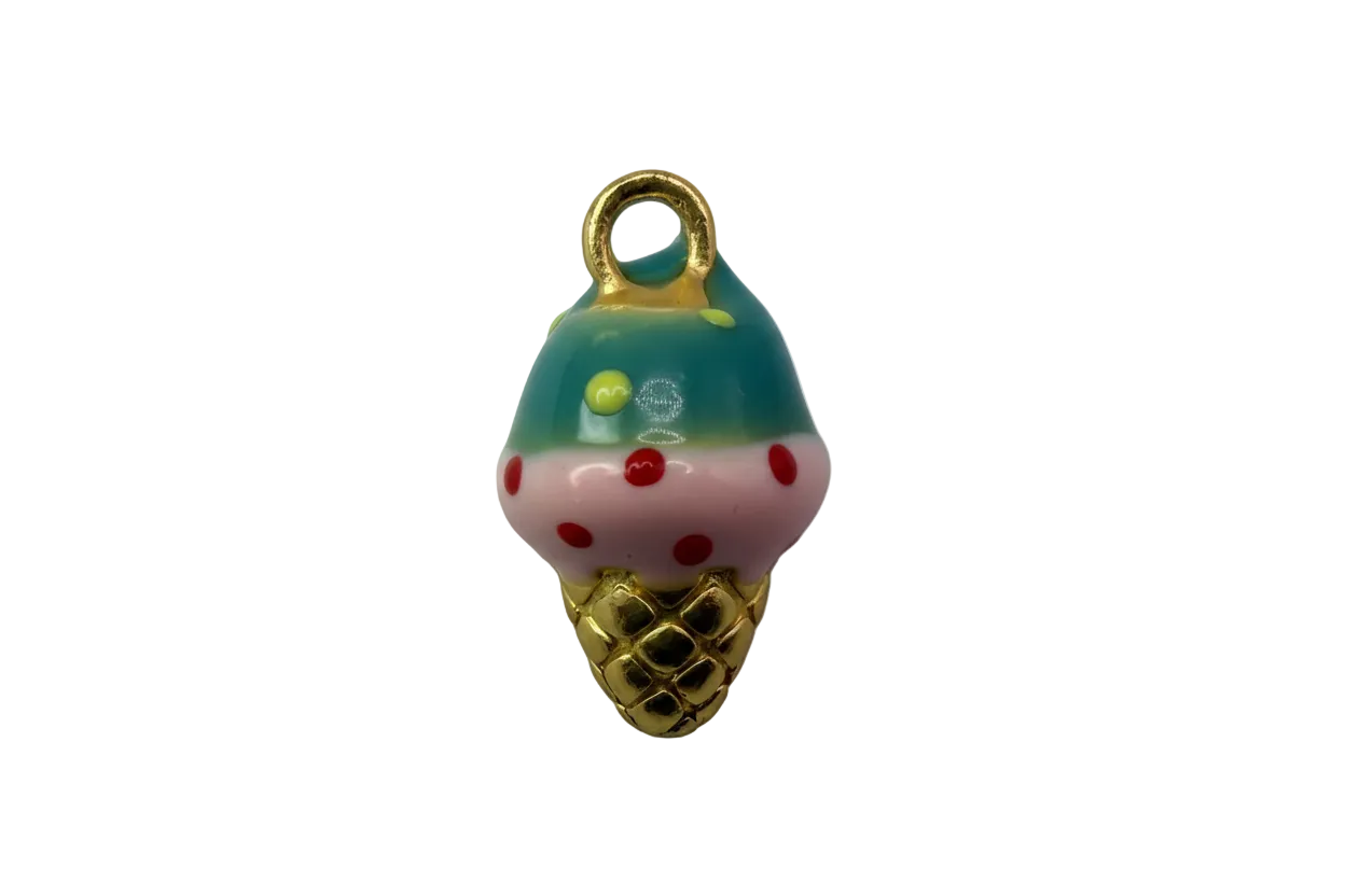 Pastel enamel ice cream cone with teal and pink scoops, red dots, and textured gold cone