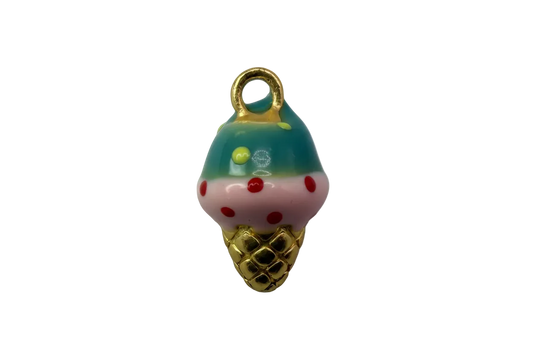 Pastel enamel ice cream cone with teal and pink scoops, red dots, and textured gold cone