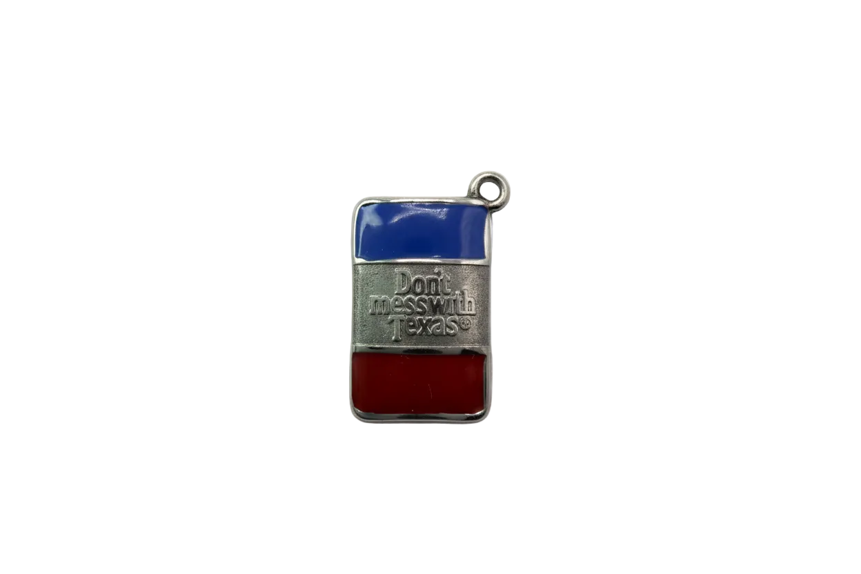 Silver tag with blue and red enamel and raised Texas slogan