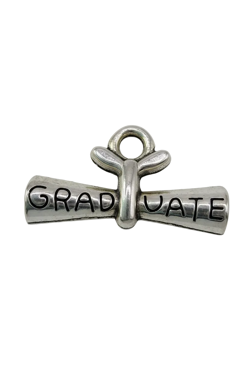 Polished silver cross with engraved “GRADUATE” lettering and oxidized details