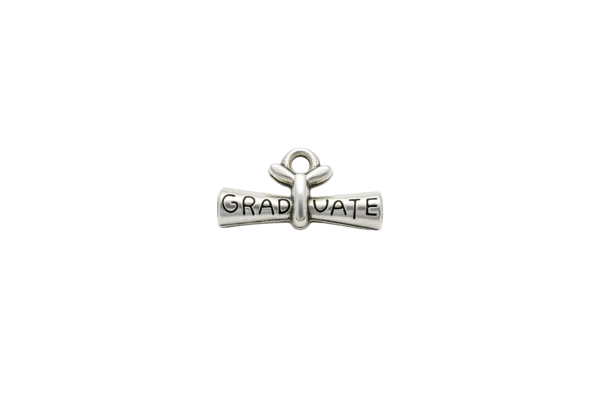 Silver cross engraved with “GRADUATE” lettering
