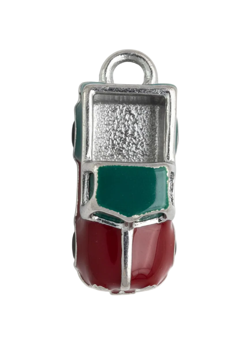 Glossy red lipstick tube charm in polished silver-tone metal, top view