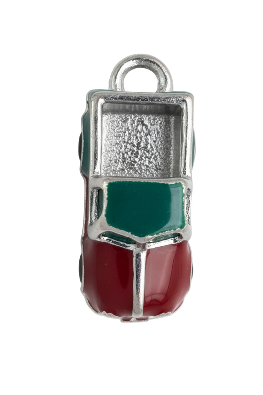 Glossy red lipstick tube charm in polished silver-tone metal, top view