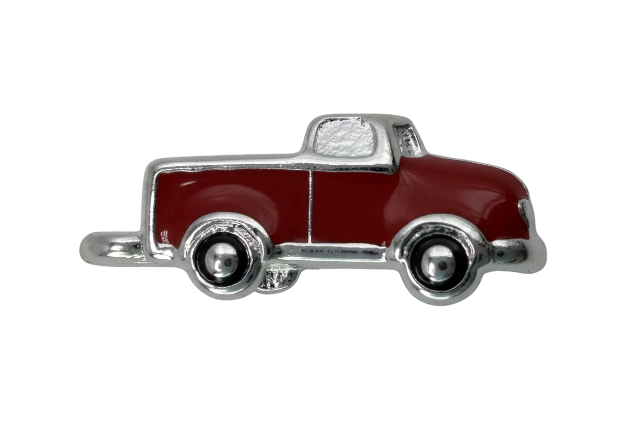Classic red enamel pickup truck charm with silver-tone trim and black wheels, side view