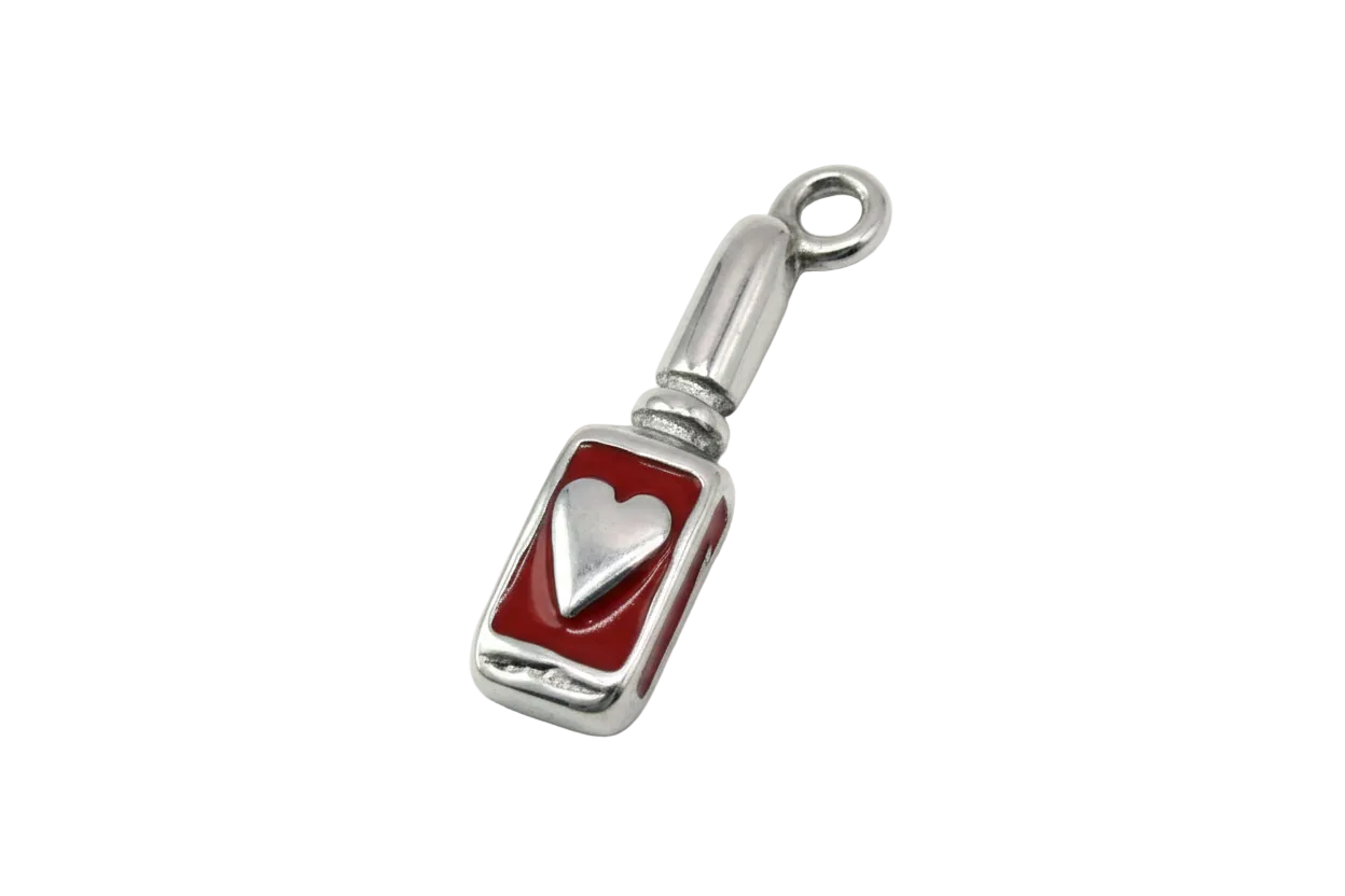 Silver rectangular bottle charm with glossy red enamel panel and raised heart detail
