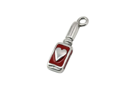 Silver rectangular bottle charm with glossy red enamel panel and raised heart detail