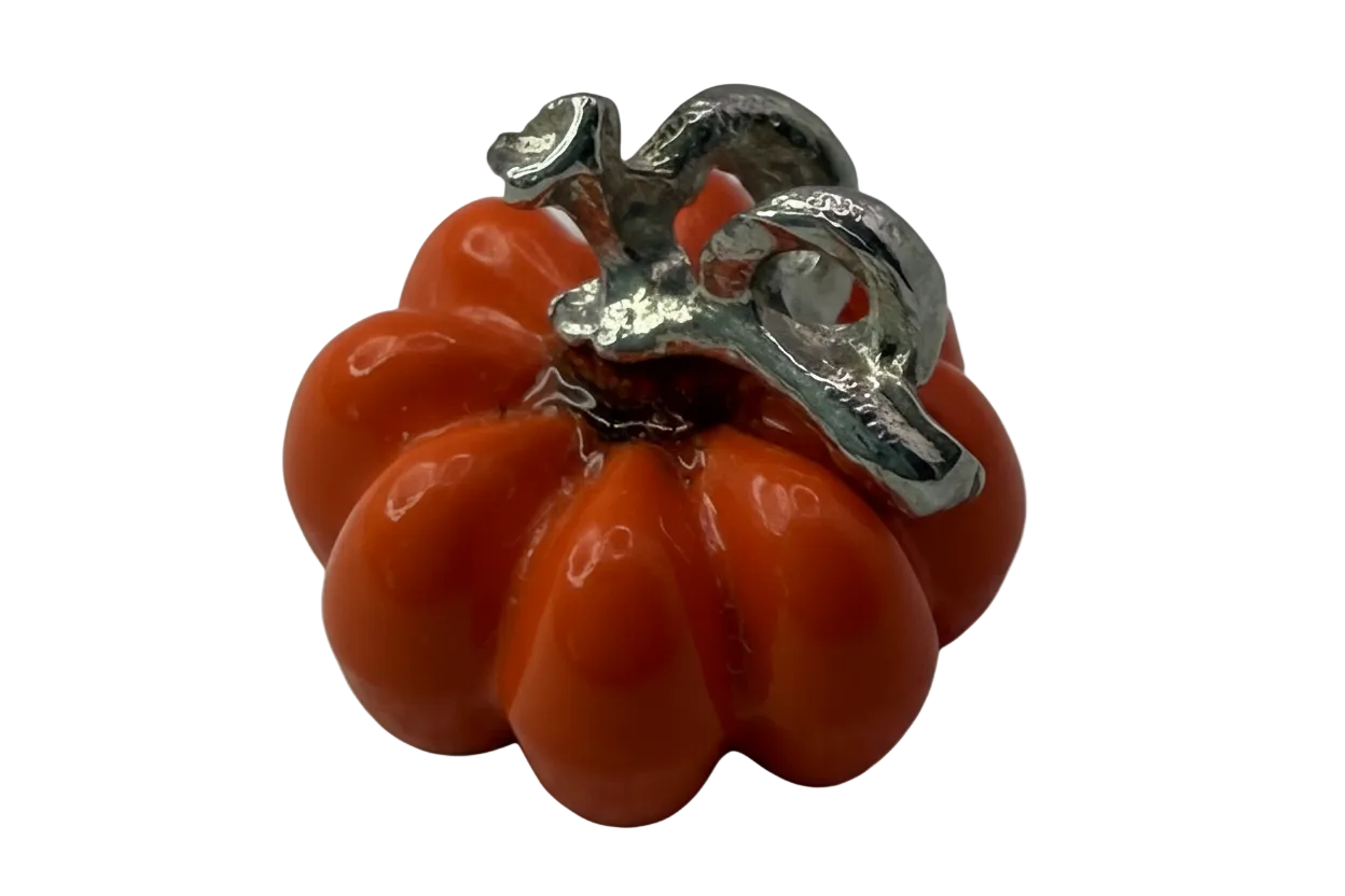 Glossy orange pumpkin charm with polished silver-toned stem