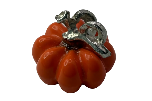 Glossy orange pumpkin charm with polished silver-toned stem