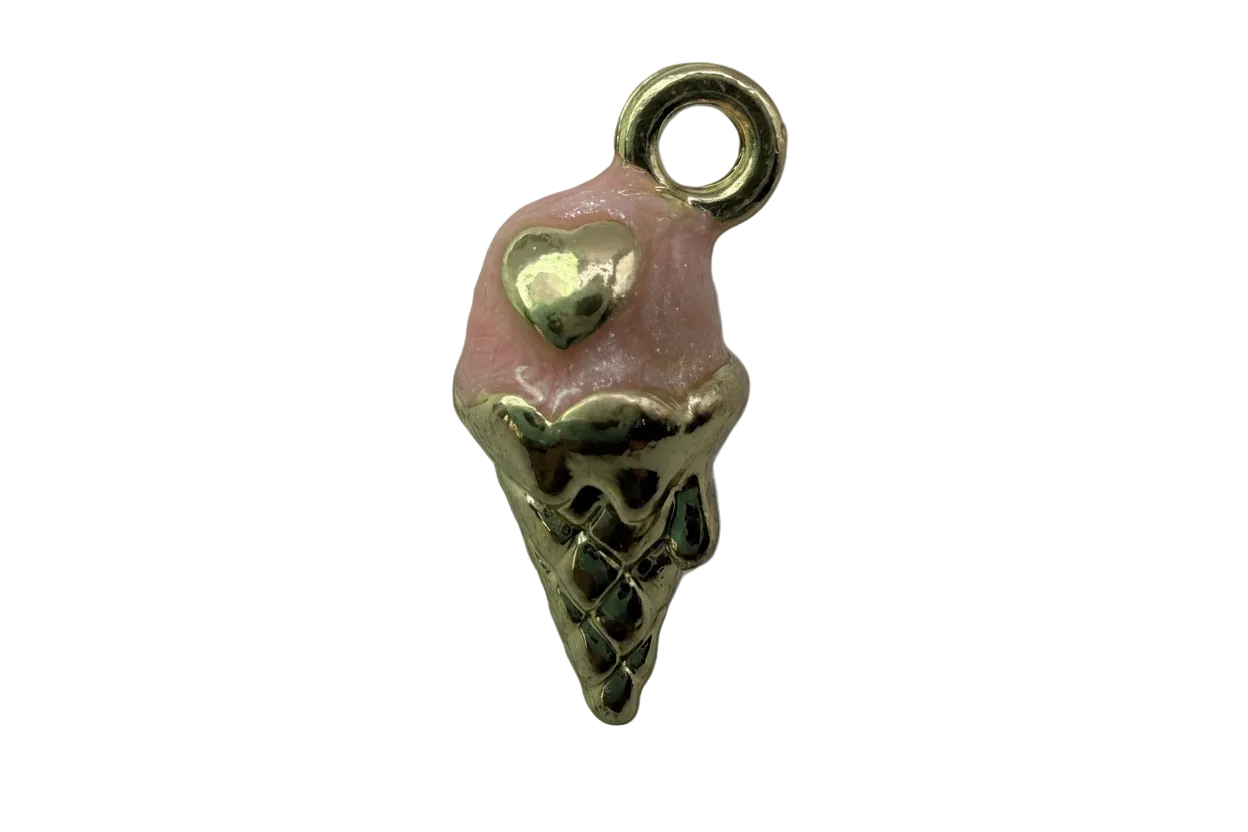 Pink ice cream cone charm with raised gold heart and polished gold waffle cone