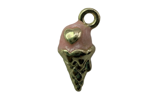 Pink ice cream cone charm with raised gold heart and polished gold waffle cone
