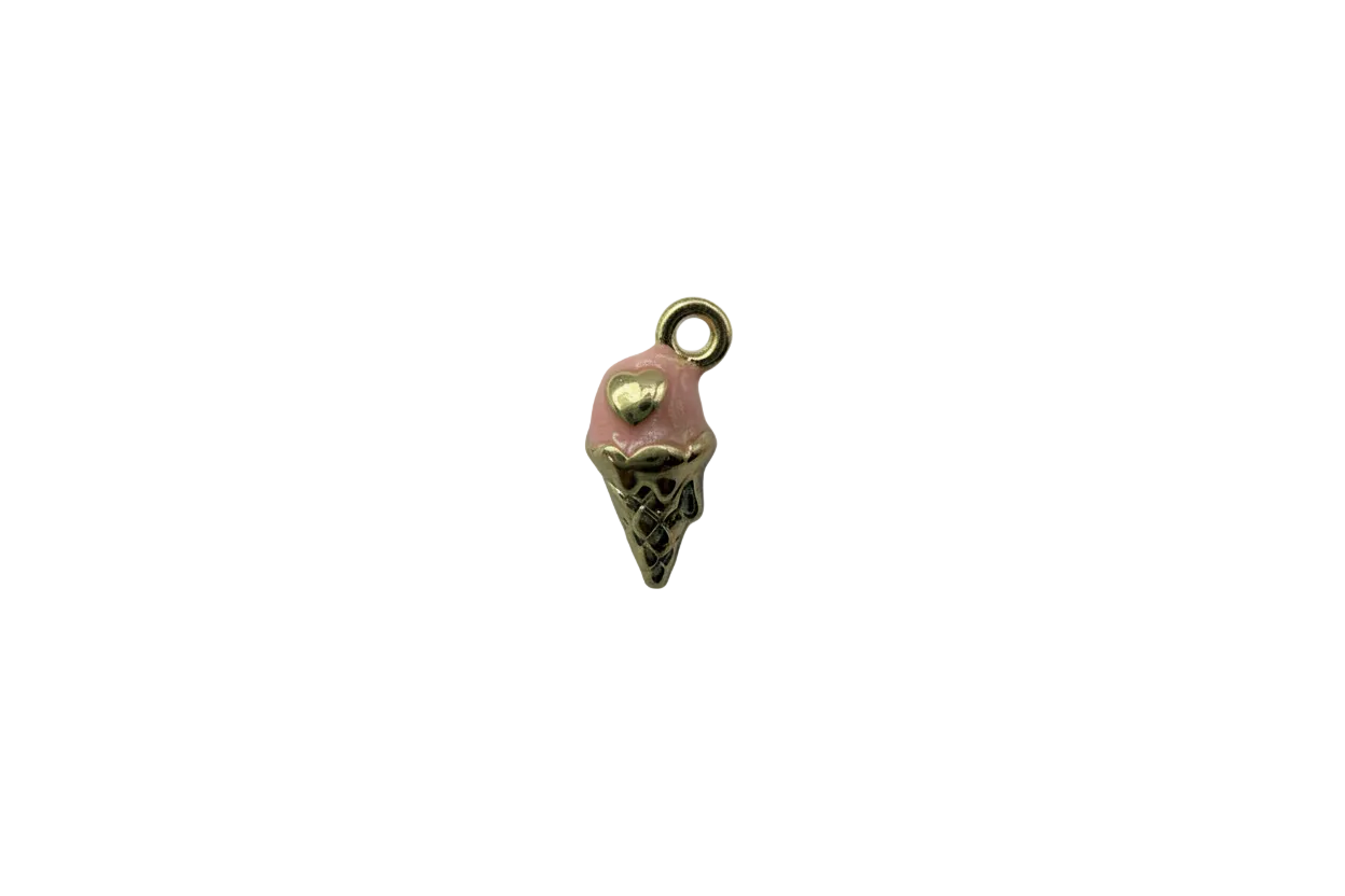 Pink ice cream cone with gold heart and waffle-textured gold cone