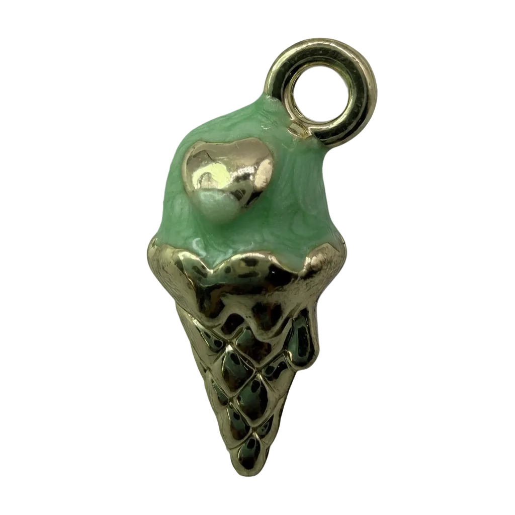 Gold ice cream cone charm with mint green enamel drip and small heart detail