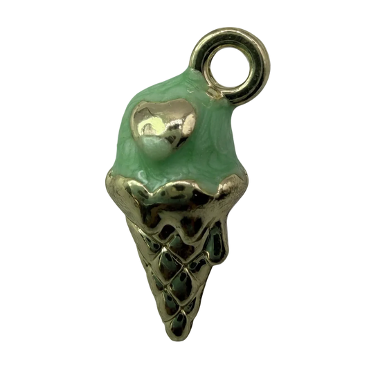 Gold ice cream cone charm with mint green enamel drip and small heart detail