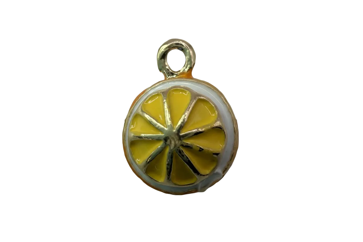 Glossy gold lemon slice disc with yellow enamel segments and white rind