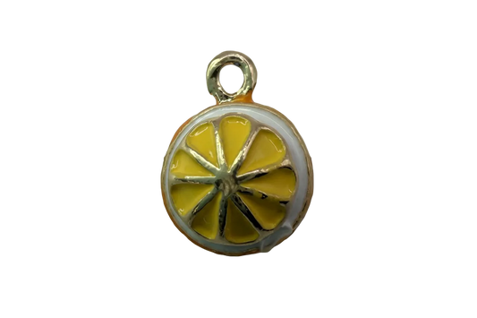 Glossy gold lemon slice disc with yellow enamel segments and white rind