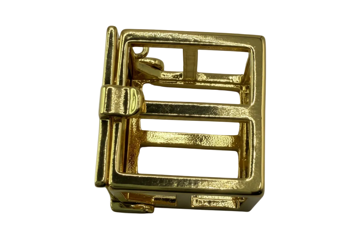Gold rectangular buckle motif with openwork bars and glossy finish