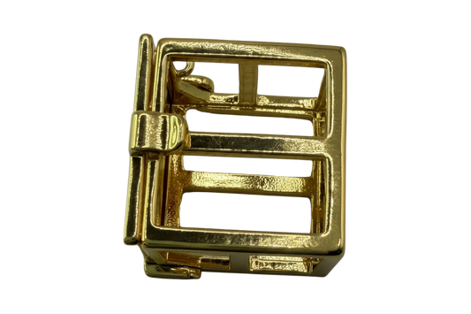 Gold rectangular buckle motif with openwork bars and glossy finish