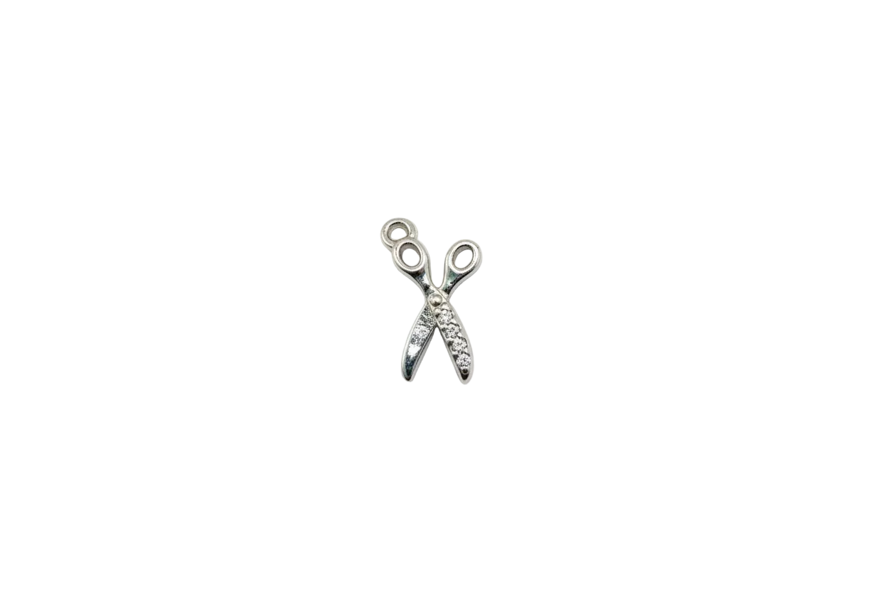 Silver scissors charm with clear pavé crystals on black